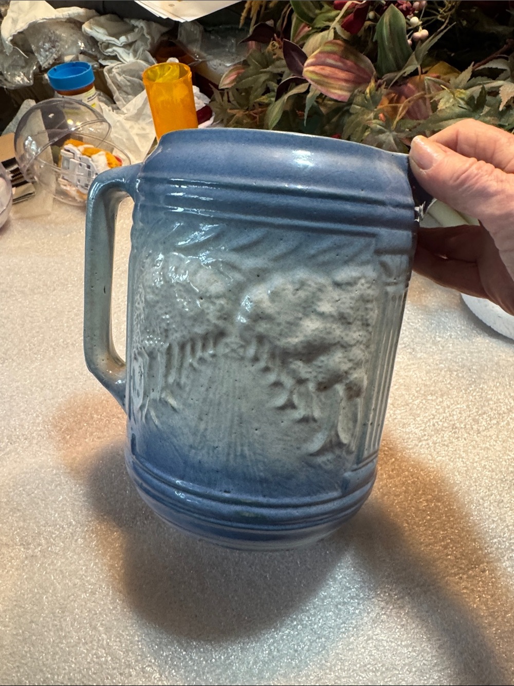 Very Old Blue and White Ceramic Pitcher - - Picture 4 of 14